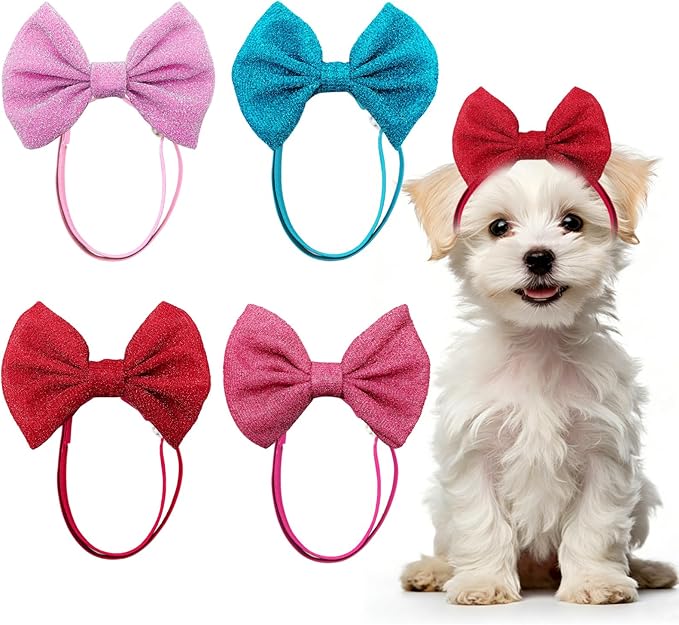 4Pcs Dog Hair Bow Headband for Small Medium Dogs, Adjustable Pet Dog Hair Bow Headband for Pets Puppy Cats Grooming Accessories (Solid Color B, for Puppies)