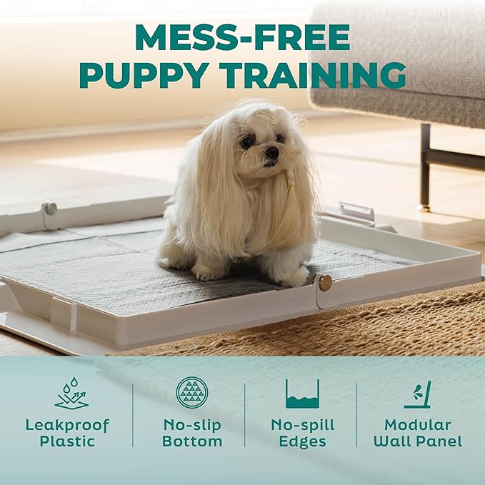 KindTail Pee PAWD - Holds Standard 24" x 24" Potty Pads - Leakproof Tray with Non-Slip Bottom, 1.5" Raised Edge & Modular Side Panel - Easy-to-Clean Plastic - Foldable Design - Handle for Travel