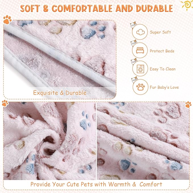 Tatuo 4 Pcs Dog Blanket for Pet Cat Blankets Indoor Puppy Teething Stuff Toys Paw Print Fleece Blanket Warm Sleep Mat for Guinea Pig Cage(Beige,Small(24 x 16 Inch),Square)