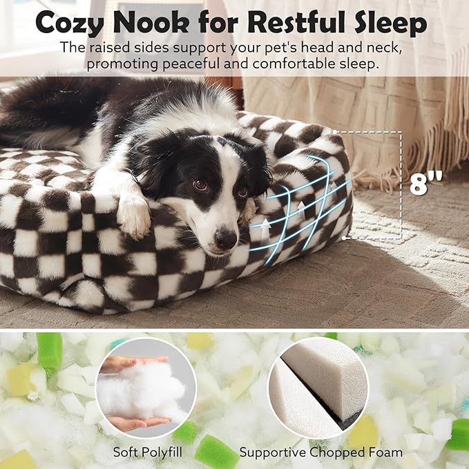 JOEJOY Large Dog Beds Large Sized Dog, Removable Washable Cover Orthopedic Soft Faux Rabbit Fur Pet Bed, Anti-Slip Fluffy Plush Faux Rabbit Fur Puppy Bed, 36"x27"x8", Checkered, Brown