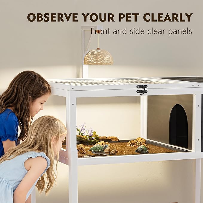Turtle Habitat Enclosure, Large Wooden Tortoise House for Indoor and Outdoor Use, Reptile Enclosure with Openable Roof & Secure Locking System (Dark Grey, with Leg)