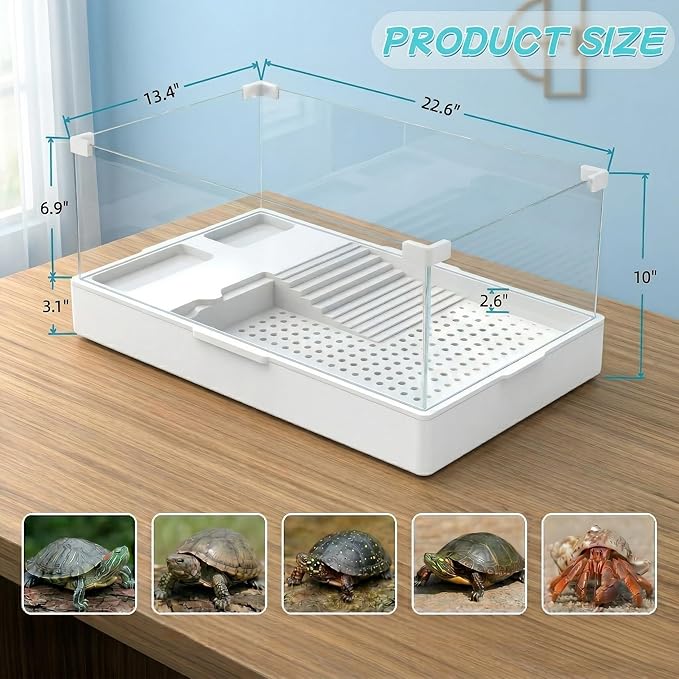 Geegoods Turtle Tank Aquarium (Tank + Light + Water Pump), Turtle Tank Starter Kit with Platform Plants for Small Reptiles Habitat（23.6"×14.2"×10.4"）
