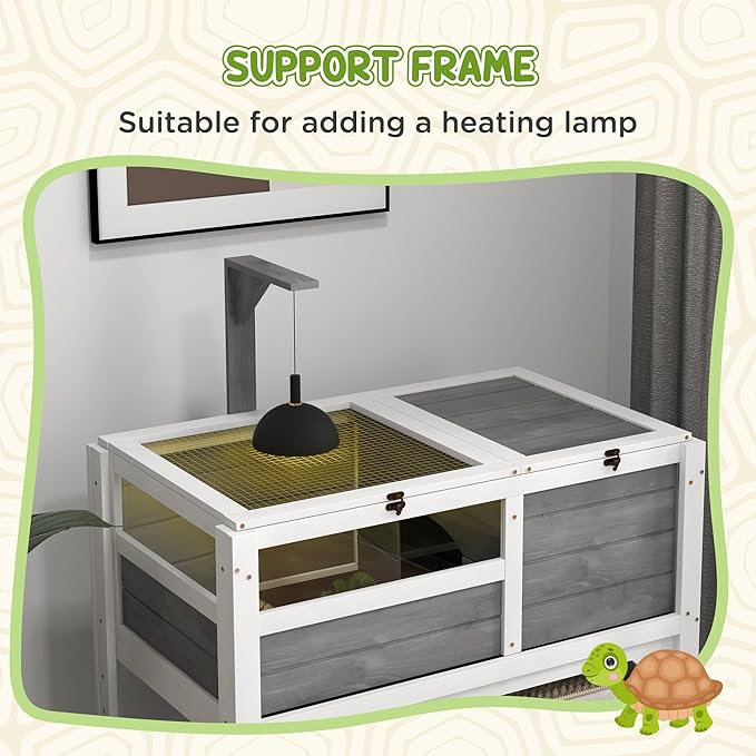 PawHut Tortoise Habitat with Shelf Storage, Tortoise Enclosure with Weather Protection, Reptile Gift Accessory, Reptile Enclosure with Tray, Light Support Frame, Light Gray