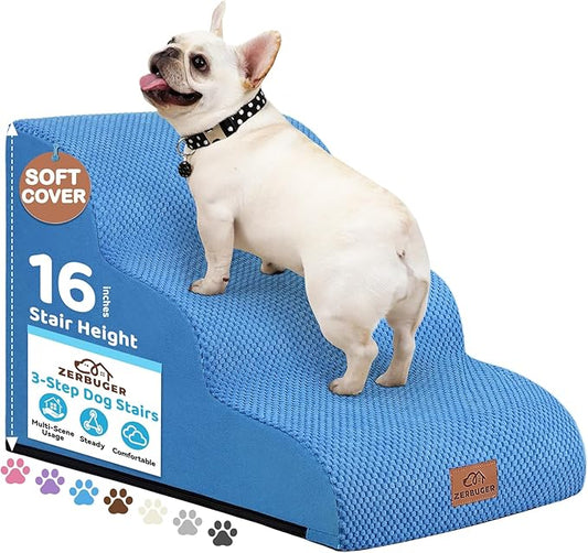 Zerbuger Dog Ramp and Stair for Bed 16" H-20 H,3-Step Cat Stair for Sofa and Chair,4-Step Dog Ramp for High Bed and Window,Durable Nonslip Fabric Cover for Indoor (Blue-16“H, Pet Friendly, 3)