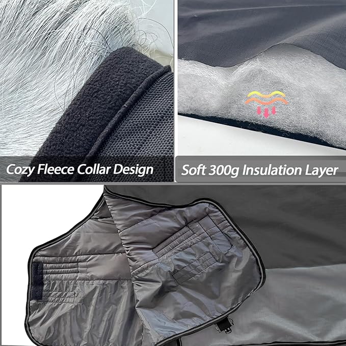 300g Fill 1200D Mid-Heavy Weight Winter Waterproof and Breathable Horse Blanket Belly Straps| Turnout Blankets with Reflective Strips (Black/Gray, 72'')