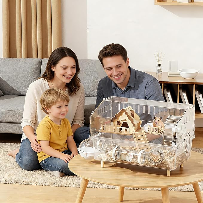 9-in-1 Acrylic Hamster Cage - Clear Pet Cage with 360° Transparent Viewing, Double Layer Chew-Proof Mice Enclosure with Crawling tunnel for Dwarf Syrian Gerbils, 18*13*12in (Wooden Cottage)
