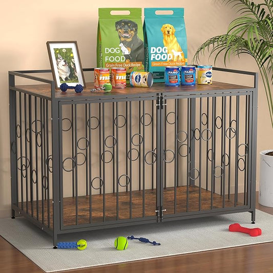 Medium Dog Crate Furniture Style, 42/48 inch Dog Crates for Medium Large Dogs, Indoor Decorative Wood Dog Crate Table with Storage Shelf, Unique Round Sturdy Pet Dog Kennel Indoor Furniture