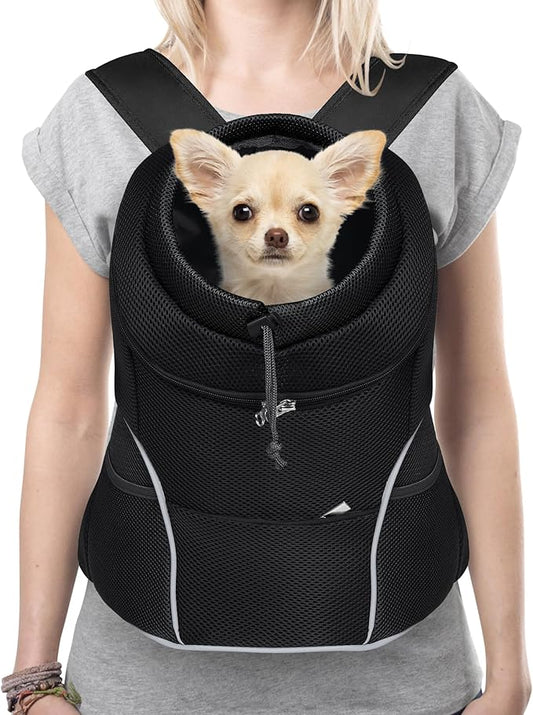 YUDODO 9-14lbs Dog Front Carrier Backpack, Adjustable Breathable Pet Carrier for Small Dogs, Ventilated Puppy Back Pack with Safety Belt, Lightweight Doggy Backpack for Hiking Outdoor(Jet Black, L)