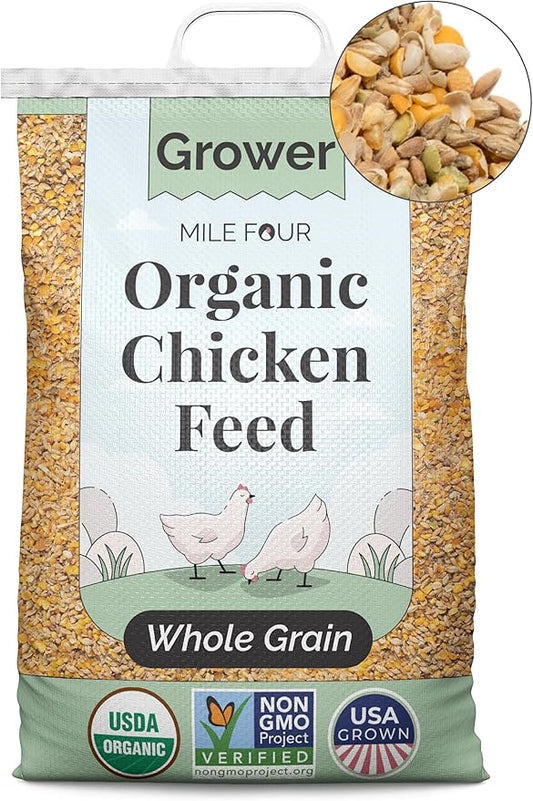 Mile Four Organic Chicken Feed (46 lbs) Grower Whole Grain, Non-GMO, USA Grown, 18% Protein, Corn-Free, Soy-Free, Non-Medicated Feed for Chickens