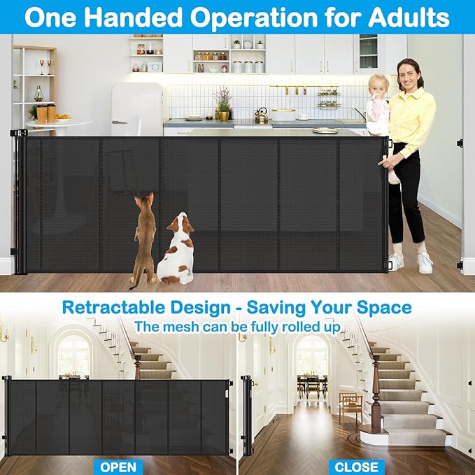 Reinforced 42" Extra Tall X 159" Extra Wide Retractable Pet Gate for Dogs Stop Babies and Pets from Drilling Through Outdoor Retractable Baby Gates Extra Tall Retractable Dog Gate Extra Wide Baby Gate