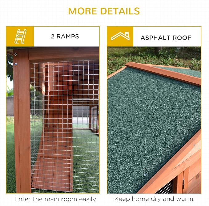 PawHut 89" L Outdoor Rabbit Hutch, Guinea Pig Cage Indoor Outdoor Wooden Bunny Hutch with Double Runs, Weatherproof Roof, Removable Tray, Ramps, Orange