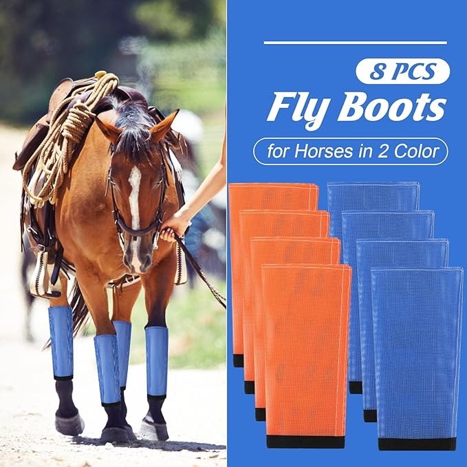 Set of 8 Mesh Fly Boots for Horse Breathable Mesh Horse Boots Protective Loose Wraps Adjustable for Preventing Legs Reduces Flies and Mosquitoes Bites(Blue, Orange,Yearling)