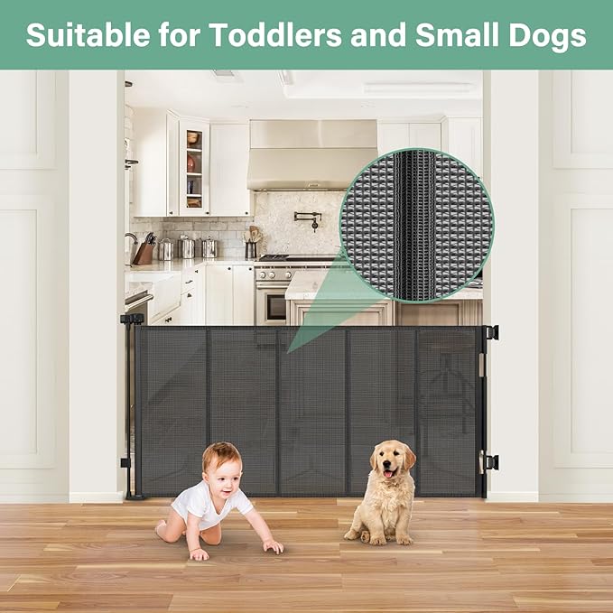 Reinforced 26 Inch Tall Retractable Dog Gate to Step Over 55" Wide Short Mesh Baby Gate Retractable Baby Gate for Doorway Low Outdoor Retractable Gate Small Pet Gate for Stair Puppy Gate for The House
