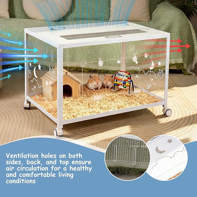 Large Hamster Cage Guinea Pig Cage Habitat, Metal Frame with Acrylic Transparent Viewing, Small Pet House Habitat for Small Animal Dwarf Syrian Hamster Hedgehog Gerbil