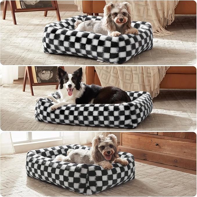 JOEJOY Dog Bed Medium Size Dog, Removable Washable Cover Orthopedic Soft Pet Bed, Anti-Slip Fluffy Plush Faux Rabbit Fur Puppy Bed, 30"x24"x8", Checkered, Black