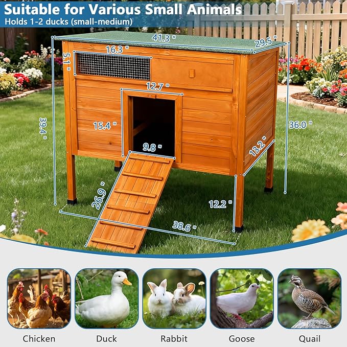 FunXplore Insulated Duck Coop Weatherproof Wooden Outdoor Warm Duck House for Outside Small Animal Pet Hutch with Larger Windows Openable Asphalt Roof Elevated Legs