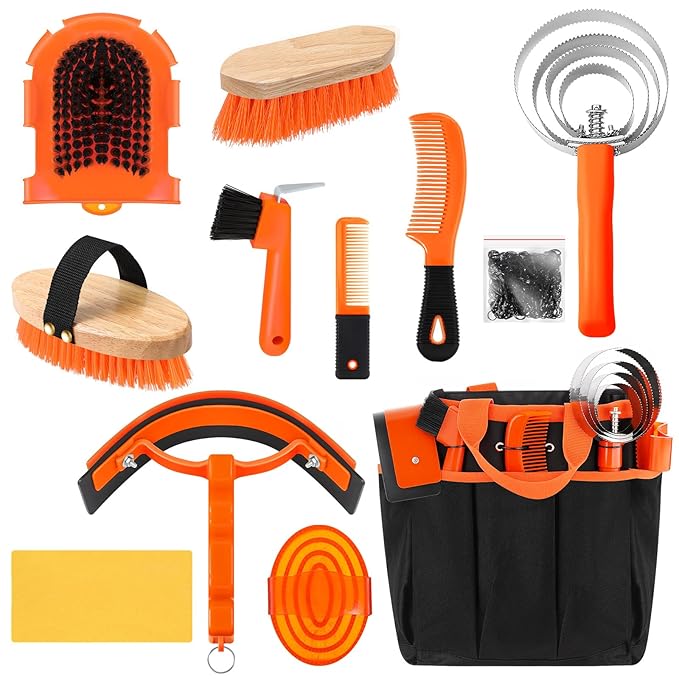 Abbylike 12 Pieces Horse Grooming Kit with Organizer Tote Bag Tack Room Supplies Horse Brush Sets Equine Care Cleaning Kit Shedding Grooming Massaging Tools(Orange)