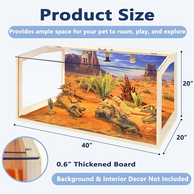 PROLEE Bearded Dragon Tank, Lizard Tank with Clear Tempered Glass Roof, Anti-Scratch Reptile Enclosure, Reptile Tank Built-in Light Fixtures with Switch (40X20X20inch,65 Gallons)