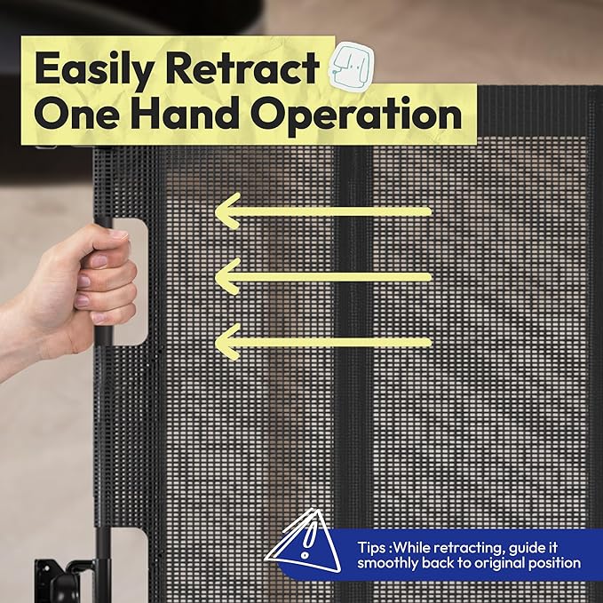 34" H Tall Mesh Dog Gate Extends Up to 150" W Retractable Pet Gate with Drill Installation, Preventing Crawling Through for Stairs, Doorways, Indoor & Outdoor (Black)