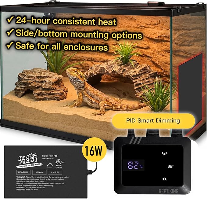 Reptile Heat Pad 16W with PID Dimming Thermostat, Adjustable Thermostat Heating Pad for Reptile Tank, Lizard, Snake, Bearded Dragon, Hermit Crab, Terrarium Heating Mat for Reptiles