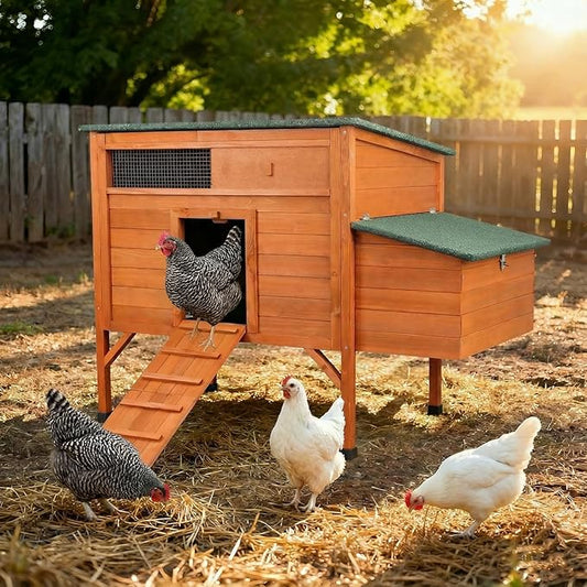 FunXplore Outdoor Chicken Coop Weatherproof Wooden Hen House Small Animal Pet Hutch with Asphalt Roof Elevated Legs Removable PVC Layer Above Nest Box Pull-Out Tray