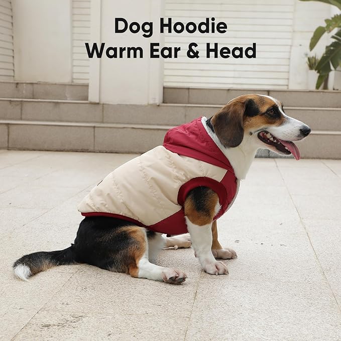 Vecomfy Fleece Lining Extra Warm Dog Hoodie in Winter,Small Dog Jacket Puppy Coats with Hooded,Beige and Red S
