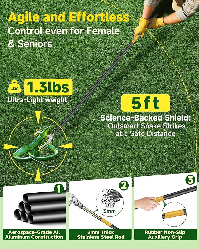 Snake Grabber Tool, 59in Professional Snake Tongs, All-Aluminum Alloy Reptile Catcher Grabber with Anti-Slip Grip, Wide Jaw Multi-Function Handling Tool with Lock
