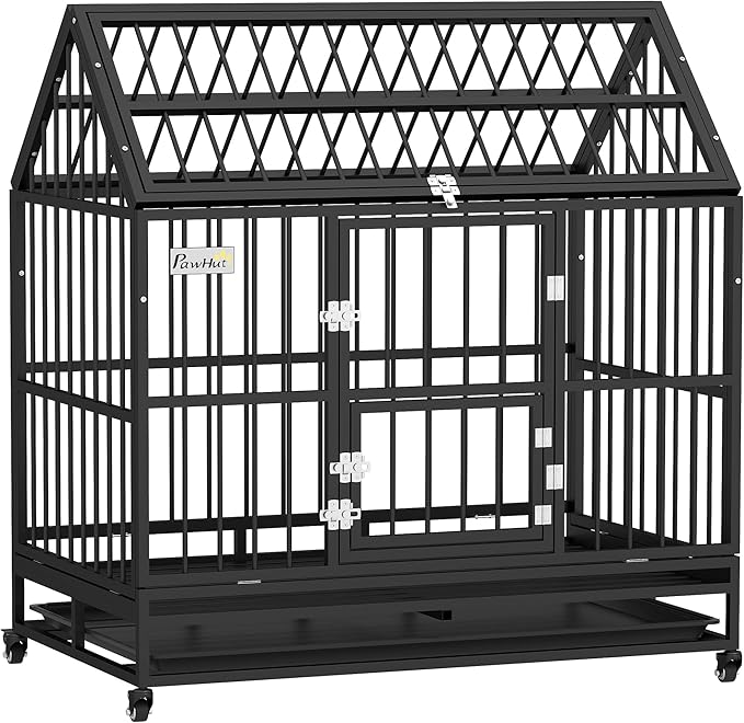 PawHut 48" Heavy Duty Dog Crate, Strong Steel Large Dog Crate with 4 Lockable Wheels, Double Doors, Openable Top and Removable Tray, for Extra Large and Large Breeds, Black