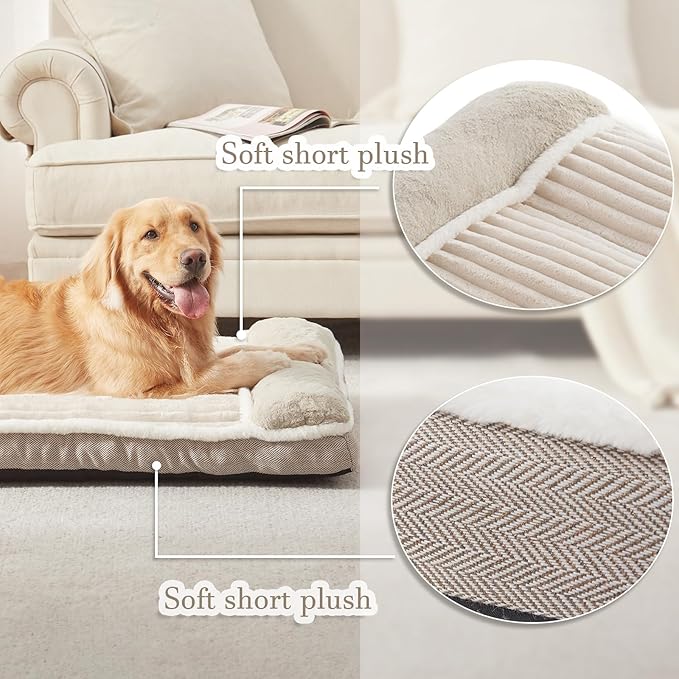 Dog Bed for Large Dogs, Dog Mattress with Pillow for Crate Kennel, Sofa pet Bed, Super Soft pet Bed for Medium, Jumbo, Small Dogs Breeds (Beige,Large:(36"x27"x3")