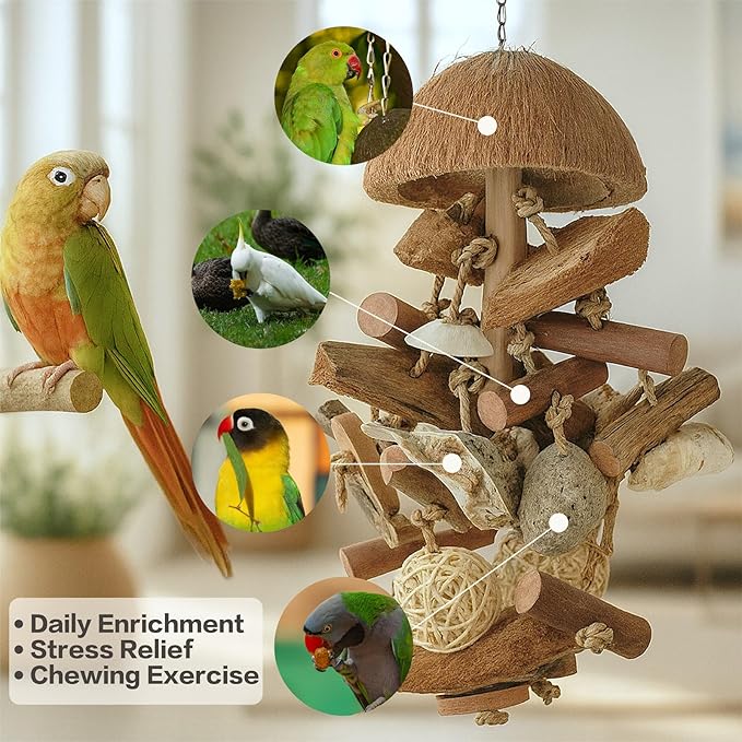 Bird Toys with Natural Coconut Shell - 18in Handmade Hanging Shredding & Foraging Toy with Wood Blocks, Lava Stones, Parrot Toys for Cockatiels, Conures, Parakeets