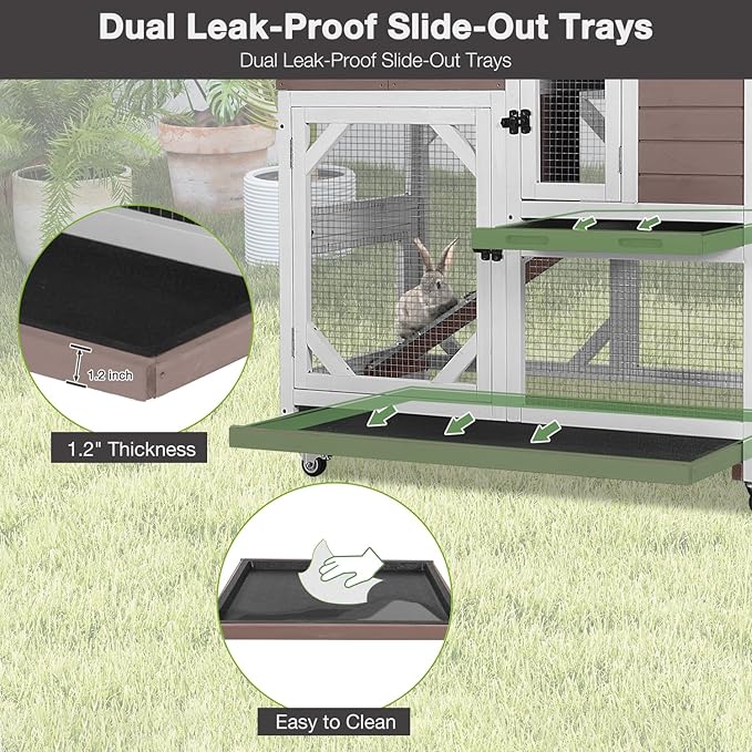 Large Rabbit Hutch Indoor Outdoor, 2-Tier Bunny Hutch with Wheels and Waterproof Roof, Wooden Guinea Pig Cage with Leak-Proof Pull-Out Trays, Multi-Door Bunny Cage for Small Animals