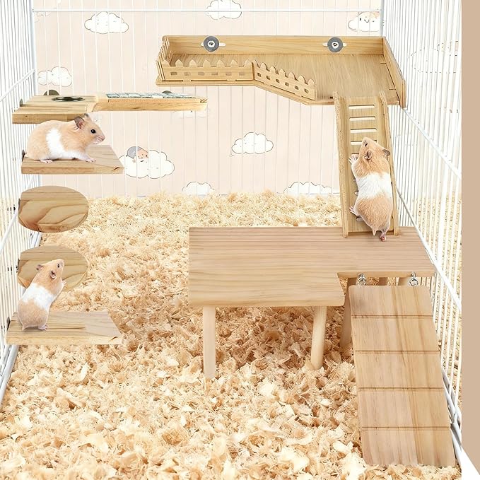 Wooden Hamster Cage Platform, Chinchilla Ledges, Activity Playground Habitat Decor, Hamster Cage Accessories for Dwarf Syrian Guinea Pigs Gerbil Rat Mice or Small Pets