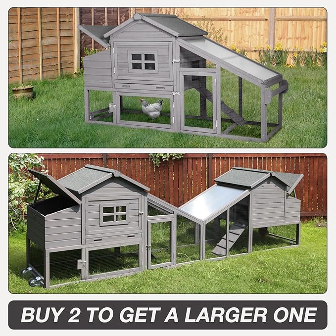 Wooden Chicken Coop with Run, Mobile Chicken House with Wheels, Outdoor Hen Poultry Cage with Leak-Proof Tray and Nesting Box, Lager Chicken Coops with UV-Resistant Roof for 2-3 Chickens (Grey)