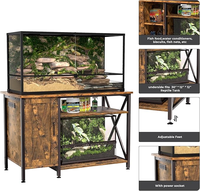 Herture 40-120 Gallon Reptile Tank Stand with Power Outlet, Terrarium Stand with Storage Cabinet, 48" X 24" Tabletop, Reptile Terrarium,Turtle Tank Rustic Brown PG08XYN