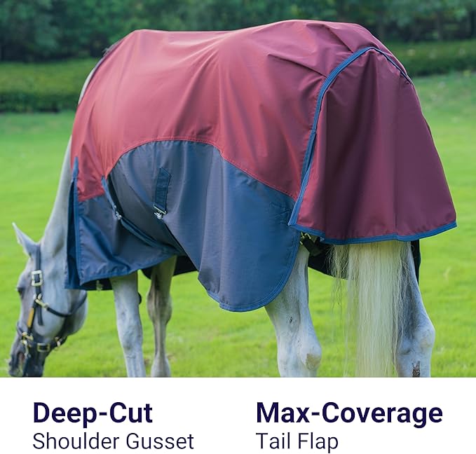 Horse Turnout Rain Sheet | 600 Denier Ripstop Turnout Blanket No Fill (0g) | Waterproof Lightweight Breathable | Tear-Resistant Outer & Rub-Free Silky Inner | Burgundy/Navy - 82 in
