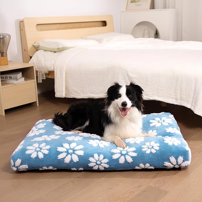 Dog Beds for Small Medium Dogs, Cute Thick Dog Bed for Crate Kennel, Fluffy Pet Bed with Removable Washable Cover and Anti-Slip Bottom, 30"x 20", Blue Flower