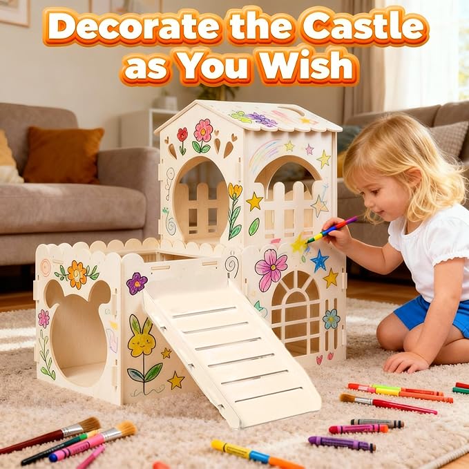 Large Rabbit House, Wooden Bunny Castle with 3 Houses Indoor, Rabbit Guinea Pig Cage Multistory Climbing Tower Sturdy Wooden Castle, Small Animal Hideaway Tunnel