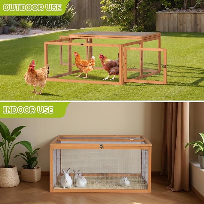 Chicken Coop Run, Rabbit Hutch, Portable Wooden Bunny Cage for Indoor/Outdoor, Small Pet Animal House with 3 Doors Openable, 47'', Natural Color (S)