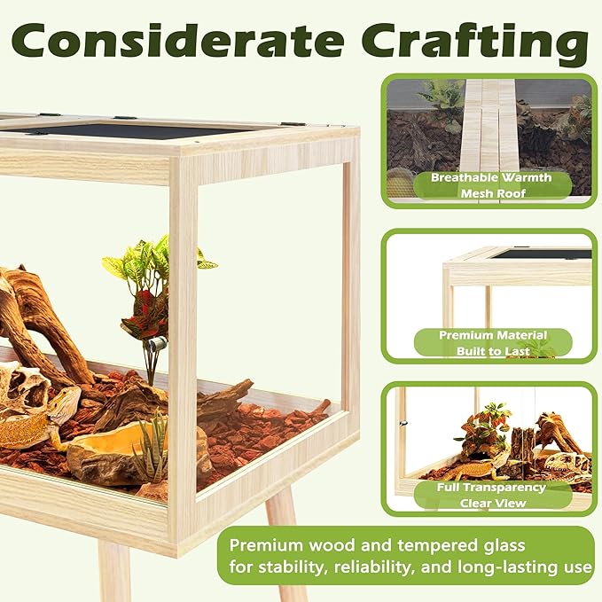 PROLEE Bearded Dragon Tank with Leg, 34 Gallon Tempered Glass Lizard Tank, Reptile Enclosure with Metal Mesh and Lockable Door, Reptile Tank for Snakes,Chameleon (Oak, 32x15.5x15.5 Inch)