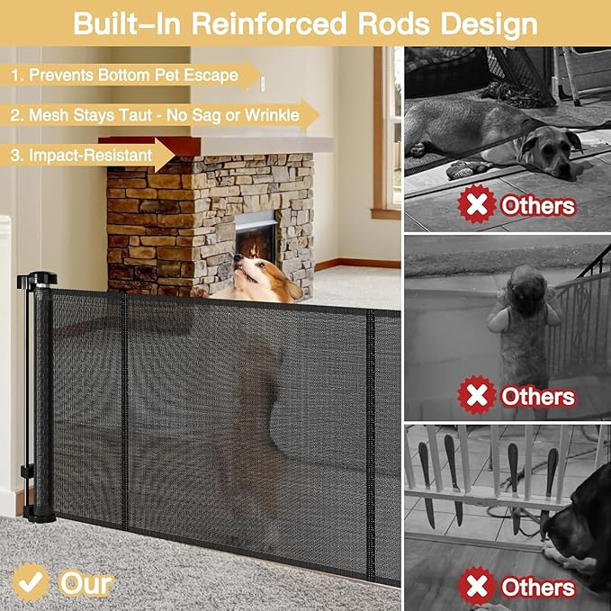 Reinforced 28" Tall Dog Gate 80" Wide Retractable Baby Gate, Easy Step Over Pet Gate Indoor Outdoor Retractable Gate with Support Rods, Short Baby Gate Stair Gate, Puppy Gates for The House, Black