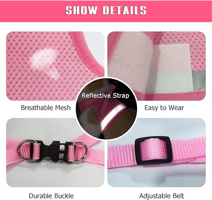 FEimaX Dog Harness and Leash Set for Walking, Soft Mesh Adjustable Easy Control Lightweight Cat Vest Harnesses with Reflective Strips, Escape Proof Small Dogs Cats Vests (Pink, Large)