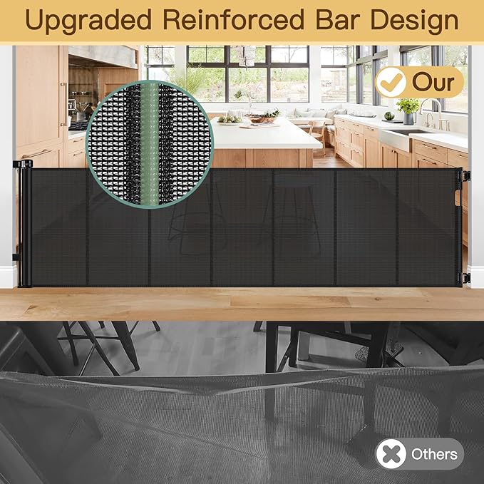 Reinforced 120 Inch Retractable Baby Gates Extra Wide Baby Gate to Prevent Crawling Through, Indoor/Outdoor Retractable Dog Gate, 10ft Scratch-resistant Mesh Child Gates for Doorways Extra Wide, Black