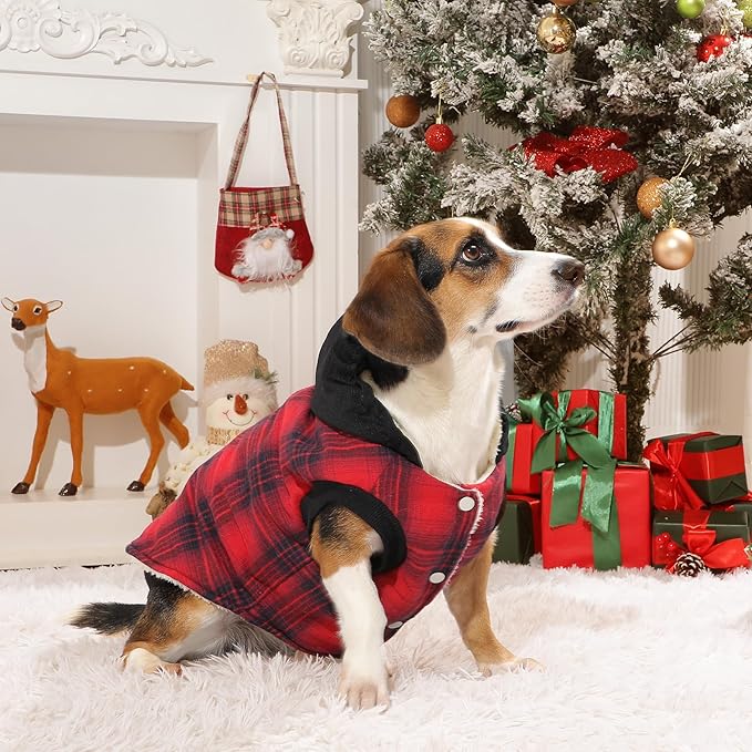 Vecomfy Fleece Lining Dog Hoodie for Small Dogs Extra Warm Plaid Sweater with Drawstring Hooded Coats in Winter Puppy Jacket,Red XS