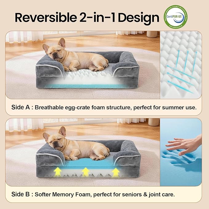 OhGeni Orthopedic Dog Bed Couch Cat Sofa for Medium Sized Pets with Memory Foam, Machine-Washable Waterproof Removable Cover, Soft Comfortable Fabric, 28-inch (Gray)