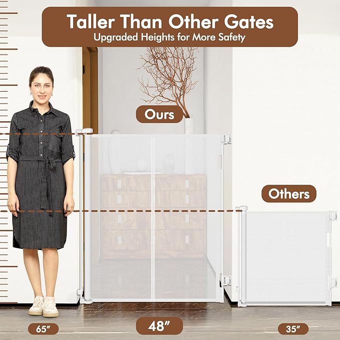 Reinforced 48" Extra Tall Baby Gate with Support Rods, 4 Ft Tall Retractable Gate for Dogs 55" Wide Pet Gates for Doorways Mesh Cat Gate - Prevent Baby/Pet from Jumping Over, White