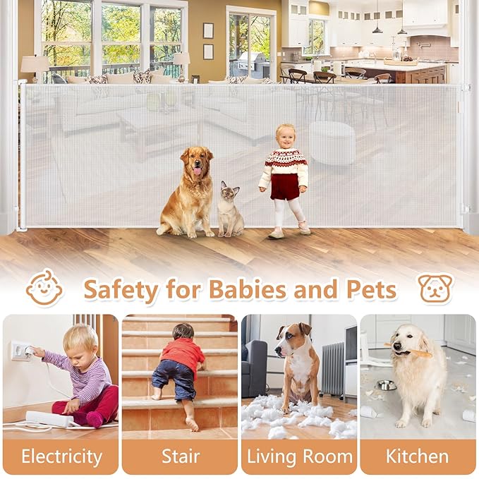 48” Tall 145” Extra Wide Baby Gate Tall Dog Gates for Doorways Retractable Baby Gates for Dogs Mesh Baby Gate Retractable Dog Gate Outdoor Extra Tall Pet Gate Extra Long Baby Gate Adjustable White