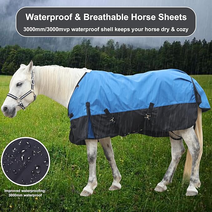 1200D Ripstop Waterproof Breathable Horse Blanket (0g No Fill), Lightweight Turnout Rain Sheet, Keeps Dry in Mud & Wet Weather Blueblack 78"