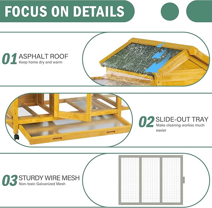 Outdoor Wooden Rabbit Cage:Rabbit Hutch Indoor, Bunny Hutch with Leak-Proof Pull Out Tray&Hideout, Small Animal Cage for Rabbits, Large Guinea Pigs, Portable Habitat with Lockable Wheels