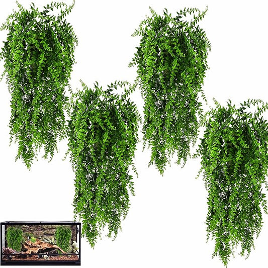 HERCOCCI 4 Pack Reptile Plants, Terrarium Hanging Plants Vines Artificial Leaves Habitat Decorations with Suction Cup for Bearded Dragon Hermit Crab Lizard Snake Geckos Chameleon