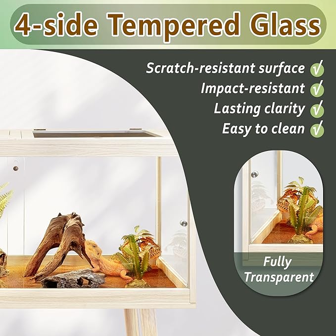 PROLEE Reptile Enclosure with Leg, 65 Gallons Bearded Dragon Tank, Tempered Glass Lizard Tank with Metal Mesh Tops and Lockable Door, Spacious Reptile Habitat for Snake,Lizard (Oak)